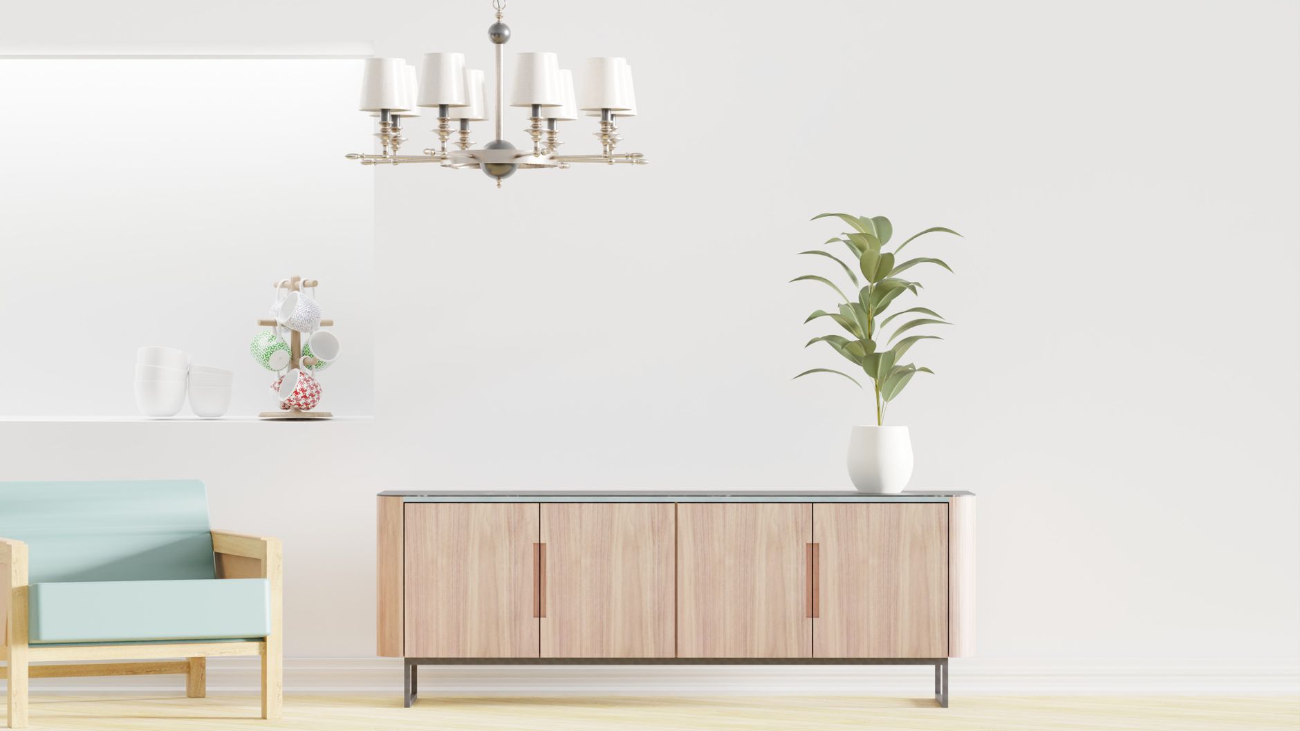 Elegant minimalist room with a wooden armchair, sideboard, and potted plant under soft lighting.
